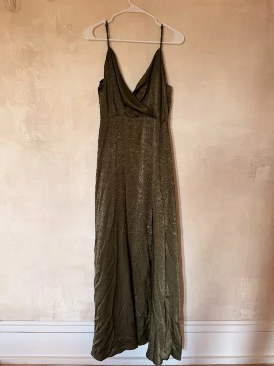 Lulus Constantine Olive Green Satin Maxi Dress M Bridesmaid - Picture 2 of 9